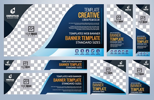 Set of Blue Web banners templates, Coverpage Standard sizes with space. Vector illustration