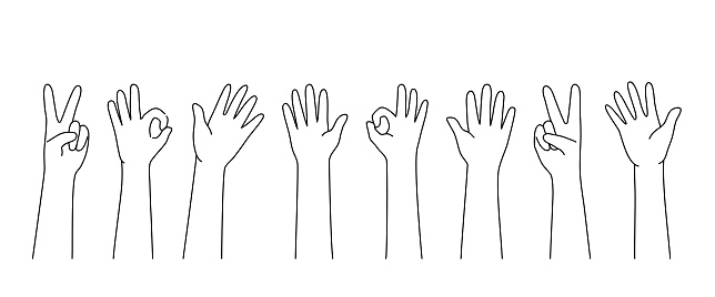 Raised hands in black line drawing, encourage concept.