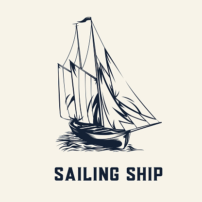 Vintage nautical emblem sailing ship in monochrome style isolated vector illustration