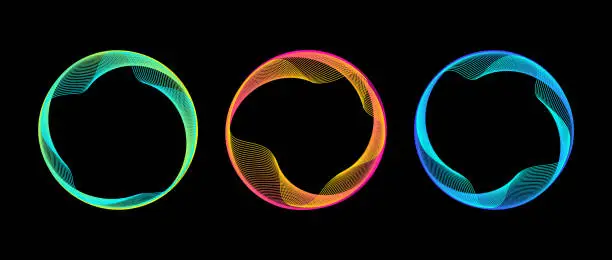 Vector illustration of Neon blend circle lines set. Colorful glowing round tech frame collection. Curved wavy line circles on black background. Bright gradient circular border pack. Vector design element bundle