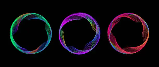 Vector illustration of Neon iridescent dotted gradient circle set. Green, purple, red glow round tech frame collection. Curved wave dot line circles on black background. Spinning circular border pack. Vector element bundle