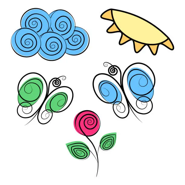 Vector illustration of Spiral cloud, sun, butterflies and blossom rose in marker colors. Ser of 5 stylized design elements