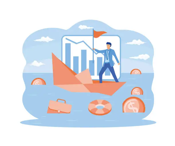 Vector illustration of Bankruptcy business concept. Tiny person with broke company. Sinking business process in financial crisis. flat vector modern illustration