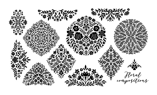 Decorative Floral Symmetrical Ornament Set. Collection Ethnic Flourish Stencil in Geometric Shapes. Floral Rhombus, Oval Vector Illustration isolated on White Background. Flower Damask Pattern Print.