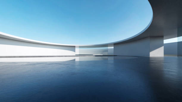 istock 3d render of abstract wavy futuristic architecture with concrete floor. 1991601954