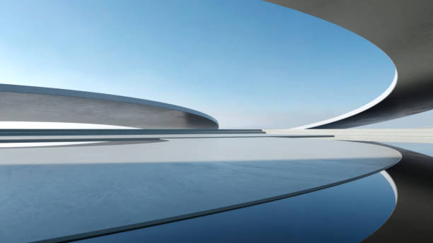 istock 3d render of abstract wavy futuristic architecture with concrete floor. 1991612306