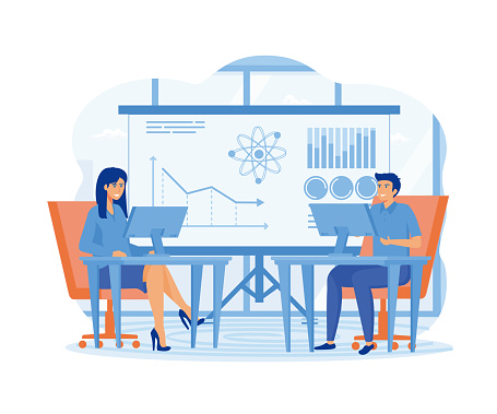 Data science concept. Software Engineer, Statistician, Visualizer and Analyst working on a project. flat vector modern illustration