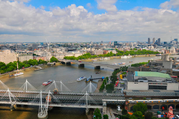 Panoramic view of the River Thames and Waterloo Bridge with ships on the river and the city skyline in the distance