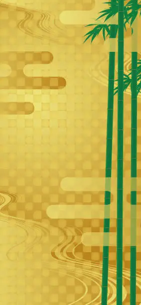 Vector illustration of Japanese style background. Smartphone vertical vector illustration on golden background of green bamboo and haze