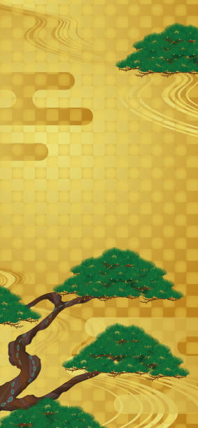 istock Japanese style background. Vertical illustration of golden background with pine and mist 1991644849