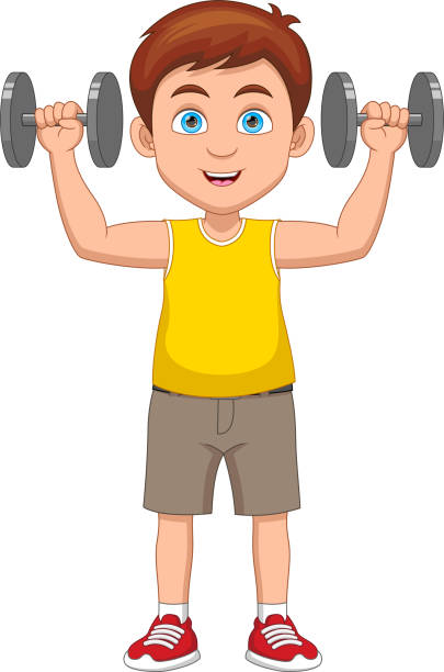 cartoon little boy exercising with dumbbells vector illustration of cartoon little boy exercising with dumbbells cartoon muscular man lifting heavy weights stock illustrations