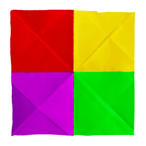 Vector illustration of Horizontal empty blank rough textured crumpled white coloured folded creased paper vector background with colorful partitions or divisions in red yellow, purple and vibrant green multi colored square shape with copy space and fold creases or lines