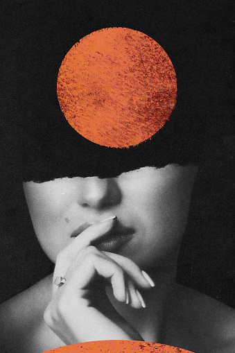 States of mind, fine-art concept. Abstract and surreal woman portrait illustration. Only visible models mouth and hand near lips. Surreal orange circle flying over head. Grunge and vintage style