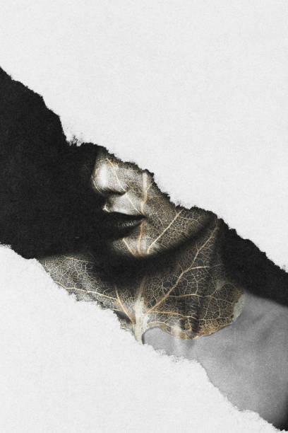 istock Abstract and surreal woman with dry leaf pattern on her face portrait illustration 1991662474
