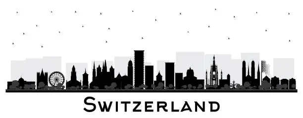 Vector illustration of Switzerland City Skyline silhouette with black buildings isolated on white. Modern and Historic Architecture. Switzerland Cityscape with Landmarks. Bern. Basel. Lugano. Zurich.