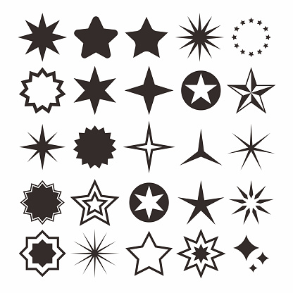 Set of Simple Assorted Star Shape Design, Collection of Flat Star Silhouette Icon Template Vector