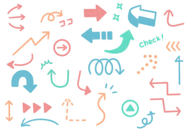 Handwritten arrow icon set that looks like it was written with a marker pen Colorful pastel color icon set of handwritten arrows as if written with a marker pen double arrow chart stock illustrations
