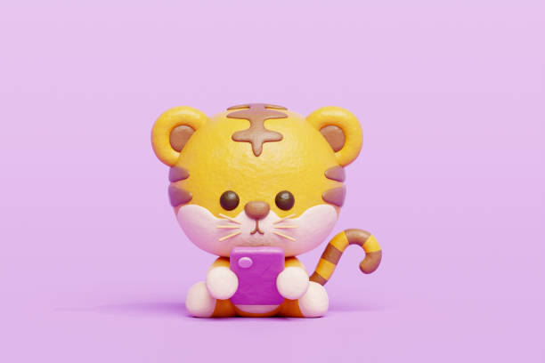 3D cute tiger watching on smartphone, Cartoon animal character, 3D rendering.