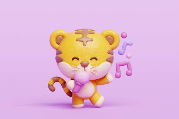 istock 3D cute tiger dancing and singing with microphone, Cartoon animal character, 3D rendering. 1991694109