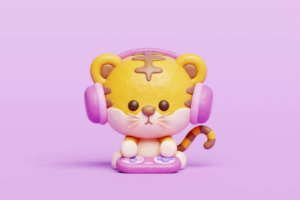istock 3D cute tiger playing video game, Cartoon animal character, 3D rendering. 1991695022