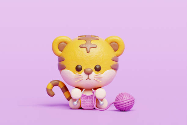 istock 3D cute tiger knitting, Cartoon animal character, 3D rendering. 1991695141