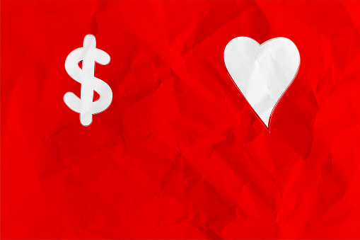 I love Dollar -One artistic solid white colored heart shape and US currency dollar symbol over plain vibrant red coloured textured crumpled paper horizontal wrinkled vector backgrounds with folds and creases