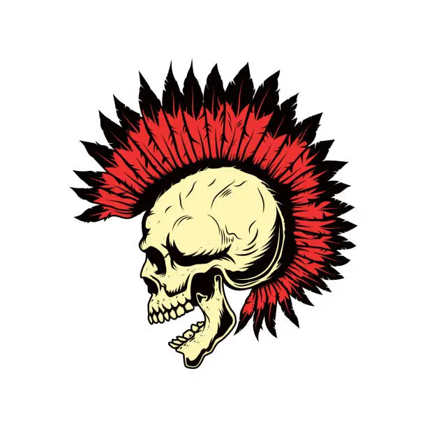 Vector illustration of Illustration of a skull of native american with punk hairstyle . Design element for poster, emblem, sign, badge. Vector illustration