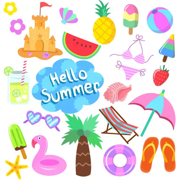 Vector illustration of Summer fun cute vector set for hot season