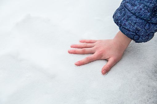 Children's hand on fresh snow. The concept of the onset of winter.