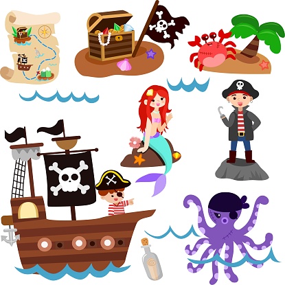Pirates cartoon vector set  decorations for school