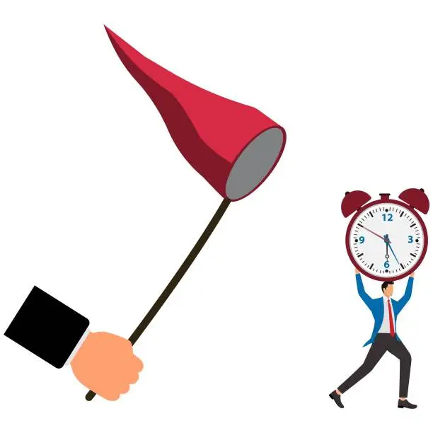 Vector illustration of Big hand catching an escaping businessman holding an alarm clock Time