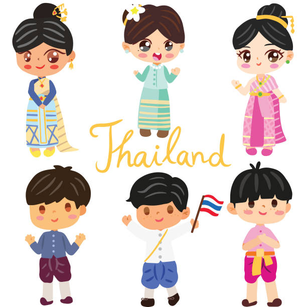 ilustrações, clipart, desenhos animados e ícones de thailand children dress thai culture in southeast asia element - indochina soup flag national flag