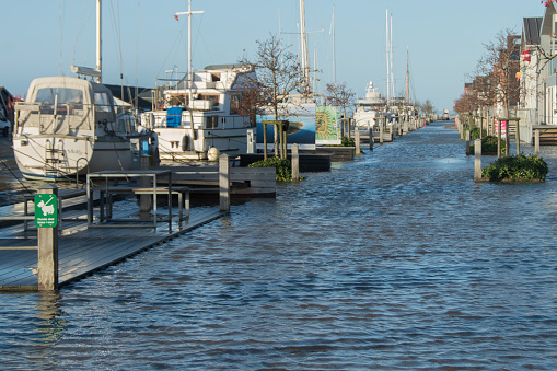 Flooding of streams in a harbors on Fyn in the town Bogense   in Denmark/Scandinavia