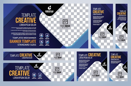 Set of Blue Web banners templates, Coverpage Standard sizes with space. Vector illustration