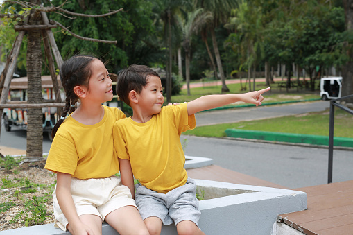Asian boy and girl child are sitting in the park and pointing at something beside them, Children are friends in the garden.
