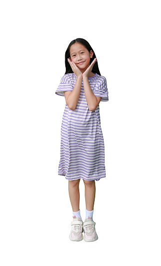 Portrait of Asian girl kid touching her cheeks gesture isolated on white background. Image full length with Clipping path.
