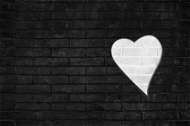 Vector illustration of Horizontal empty blank rough textured black coloured whitewashed brick wall vector I love you theme background with one white coloured heart shape painted as graffiti with copy space