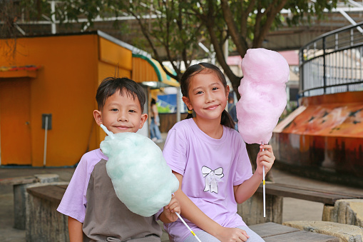 Cheerful Asian little boy kid and girl child having fun eating cotton candy in the public park.