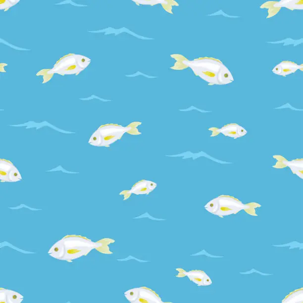 Vector illustration of Fishes seamless pattern. Blue sea background. Vector cartoon flat illustration.