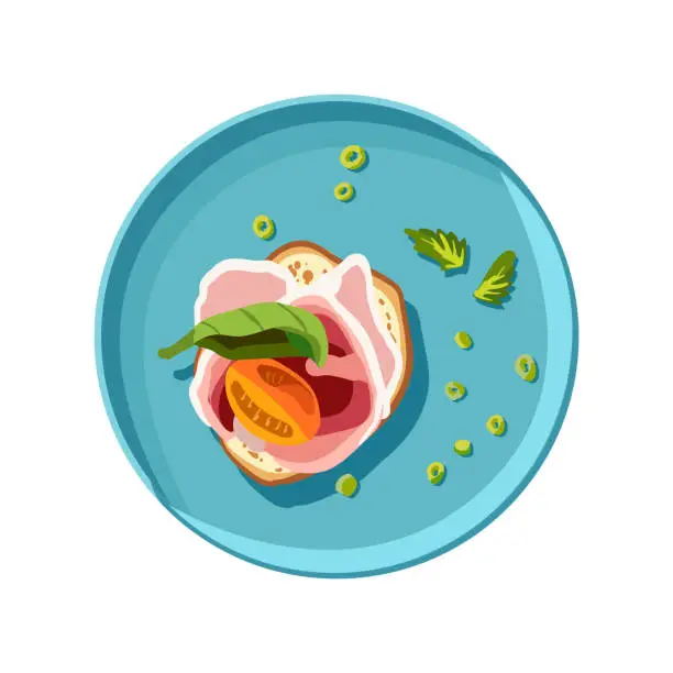 Vector illustration of Appetizing bruschetta with smoked meat and tomato on a turquoise plate. Sliced vegetables on toast. Healthy food. Self care. Vector