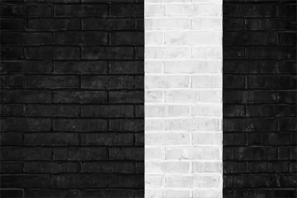 Vector illustration of Horizontal empty blank rough textured black coloured whitewashed brick wall vector background with white solid stripe or line painted as graffiti dividing the background into two parts or divisions
