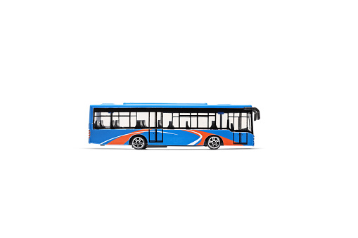 Studio shot of a blue public transport city bus isolated on white background