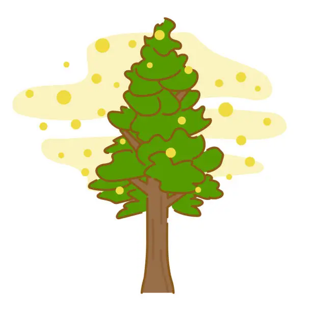 Vector illustration of An image of cedar pollen being scattered from a cedar tree, which causes hay fever.