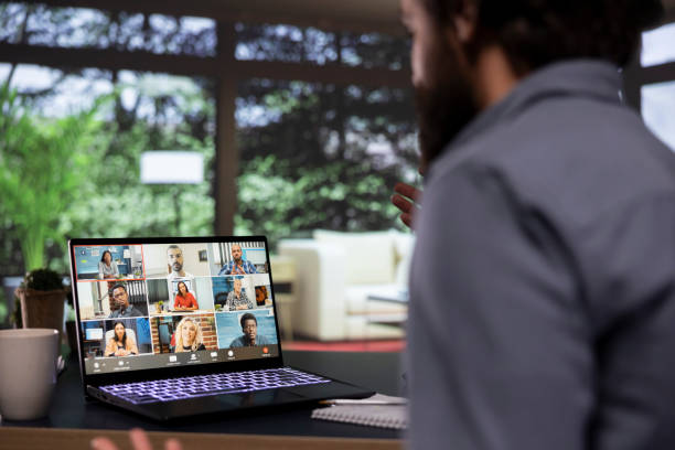 istock Chairman presenting new business expansion plans on videoconference 1991928084