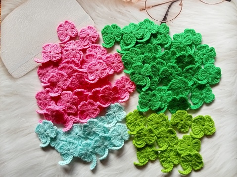 Crochet leaves handmade craft diy, leaf green for illustrations of handicrafts, background texture