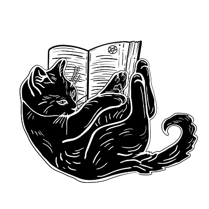 Dark witchy illustration of a magic cat with book. Tattoo art style.