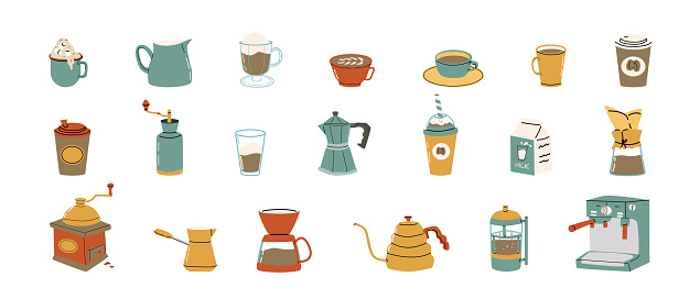 Big set for coffee brewing equipment and supplies Hand drawn. Vector illustration of pots, machines, cups, kettles, paper cups and mug, grinders, milk box and pot.