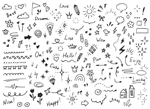stockillustraties, clipart, cartoons en iconen met vector doodle set of different elements. stars, sparkles, arrows, speech balloons, hearts, words, diamonds, flowers, signs and symbols. - doedel