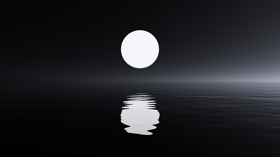 Moon over the sea surface. Calm and peaceful landscape in dark grey tones, computer graphic