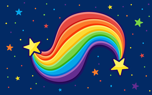 Vector illustration of the rainbow flag colors on a starry night.